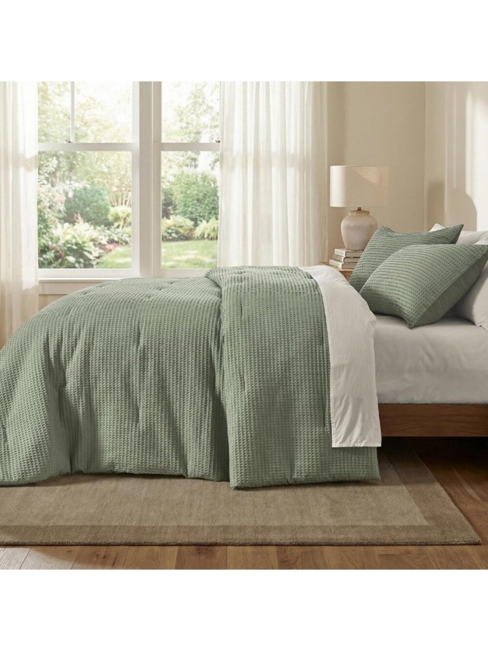 Sage Green Waffle Weave King Comforter Set, 3-Piece Cotton Bedding, Pet-Friendly